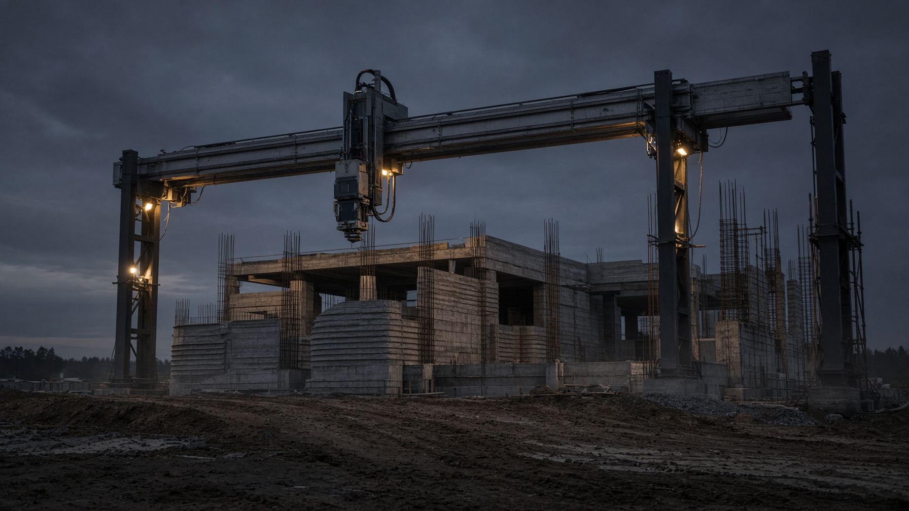 Gantry printer on a dusk jobsite